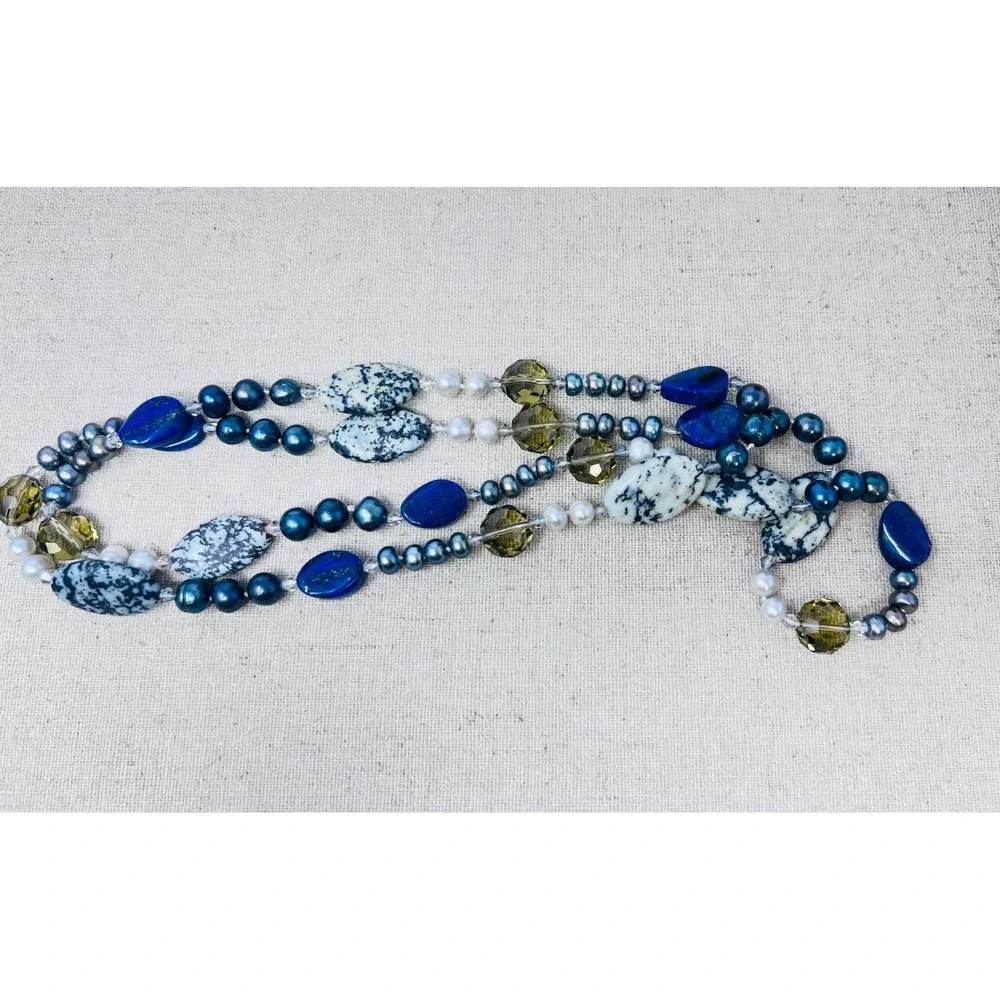 Lapis Lazuli Dalmatian Jasper and Pearl Long Strand Beaded Necklace